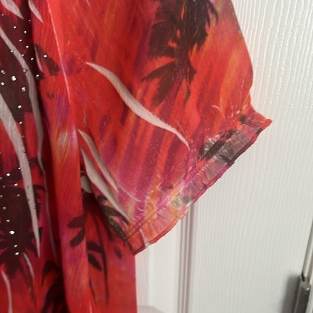 Maurices Palm Tree Blouse Sheer Tie Neck Short Sleeve Red XL - Picture 6 of 10